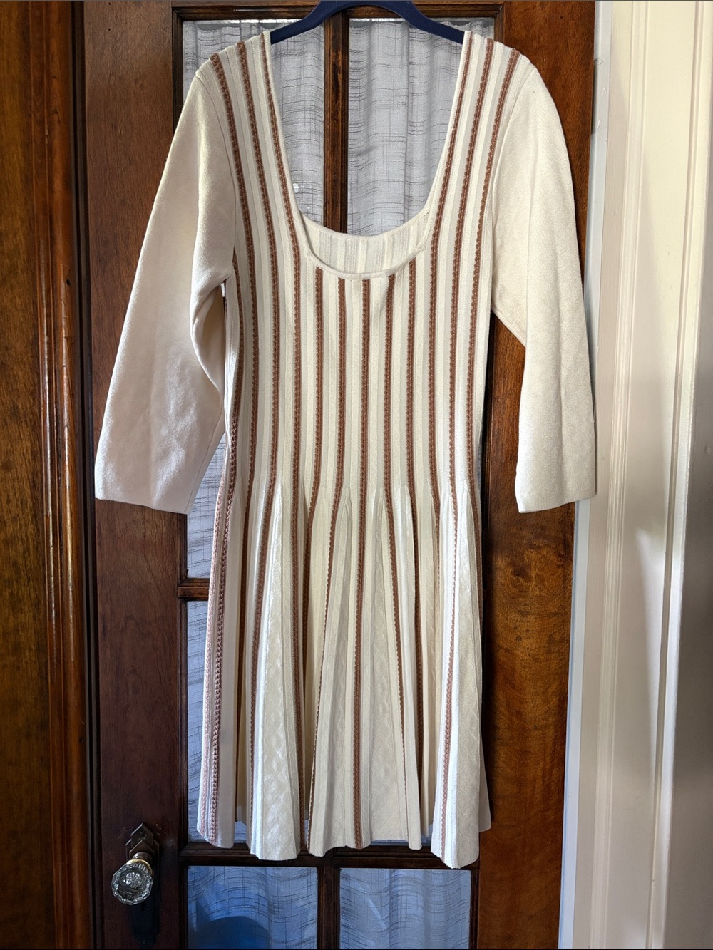 VENUS Cream Dress with Brown Vertical Stripes